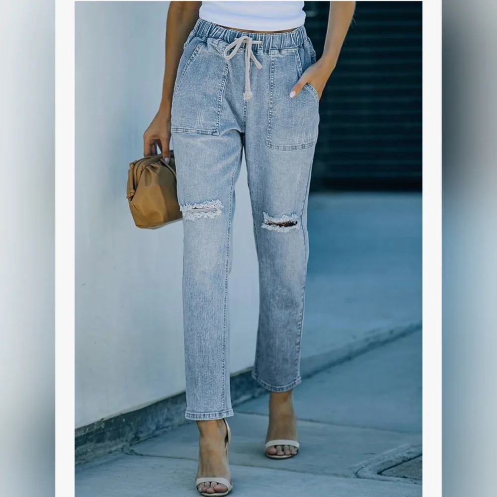 Womens Cargo Jeans Ripped Denim Joggers Elastic Drawstring Waist Pull On Skyblue